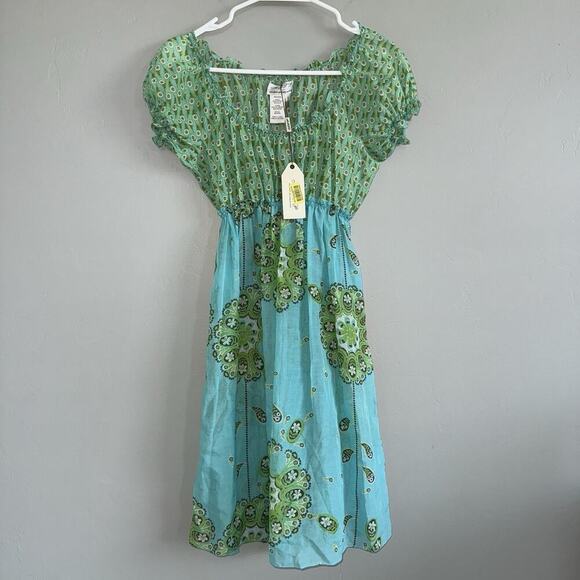 MSSP Green & Blue Floral Boho Peasant Dress Sz S NWT $128 Cotton Silk Blend - Picture 2 of 7